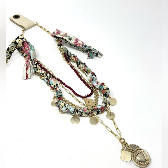 New Anthropologie Aspen Stone Layered Necklace Gold Charm Textile - Picture 5 of 9